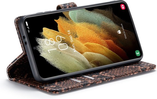 Samsung Galaxy S21 FE Hoesje - Bruin - Luxe Slangen Bookcase