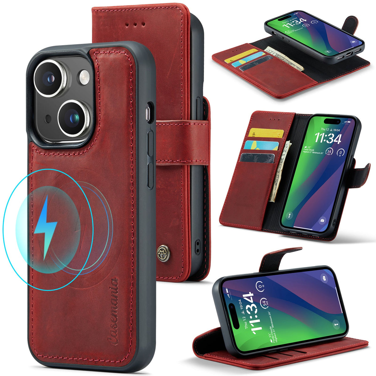 Apple iPhone 15 Plus Hülle - Crimson Red - Echtleder-2-in-1-MagSafe-Klapphülle mit Kartenfach
