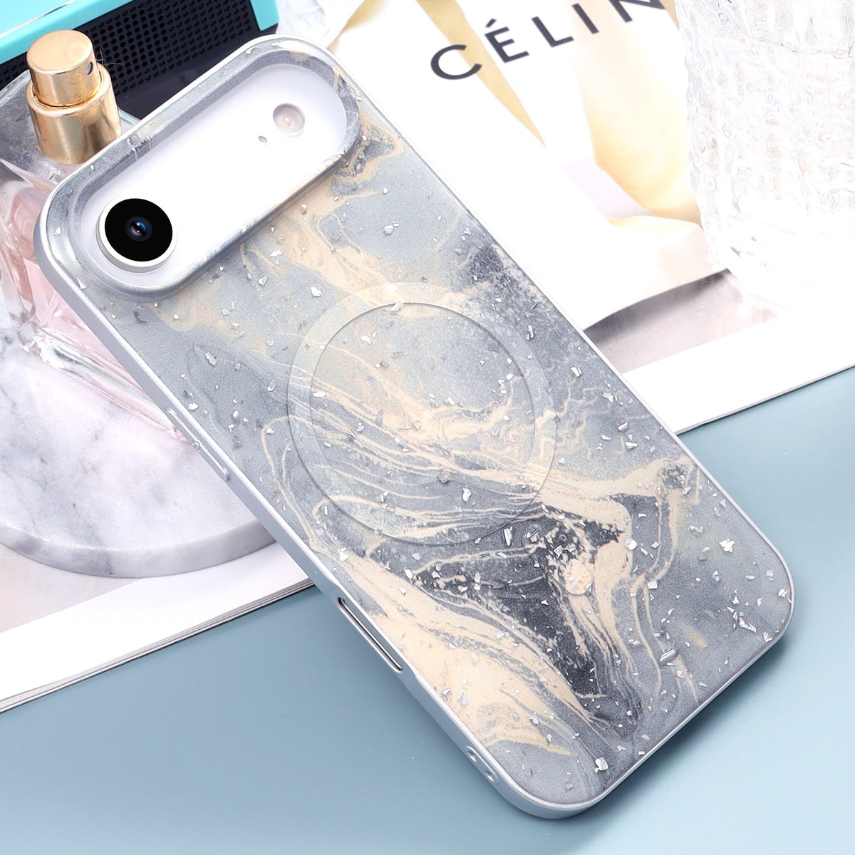 Apple iPhone Air Hülle - Grau - Marmor-Glitzer-MagSafe-Backcover