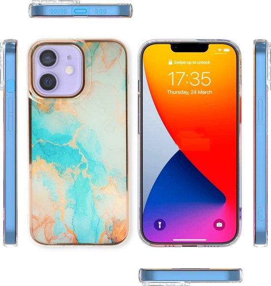 iPhone 12/12 Pro Hoesje - Aqua - Siliconen Marmer Back Cover