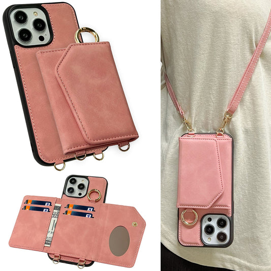 Apple iPhone 15 Pro Hülle - Pale Pink - Luxus-Klapphülle mit Kartenfach, Spiegel und Handykette