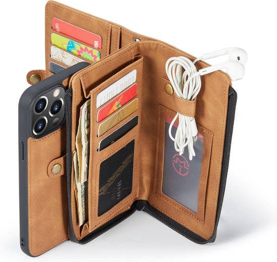Apple iPhone 13 Pro Hoesje - Sienna Brown - Luxe 2 in 1 Bookcase met 10 Kaart Vakken en Polskoord