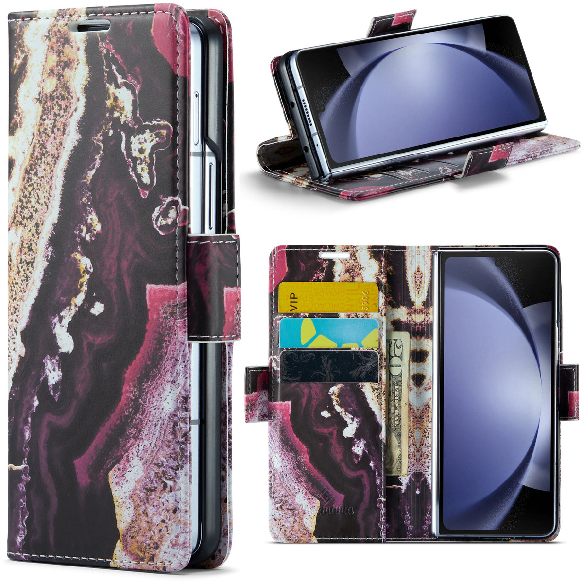 Samsung Galaxy Z Fold 5 Hoesje - Magenta Eudialyte - Marmer Portemonnee Bookcase