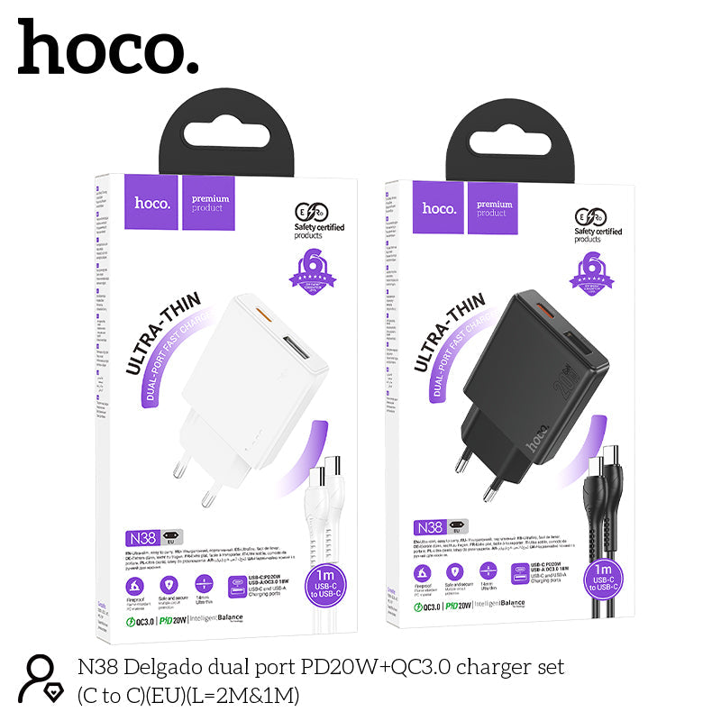 Hoco 20W Schnellladegerät 2-Port USB-C + USB-A mit USB-C-Kabel 1m - Weiß
