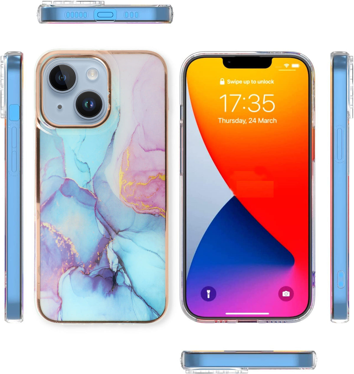 Apple iPhone 15 Plus Hoesje - Blauw - Siliconen Marmer Back Cover