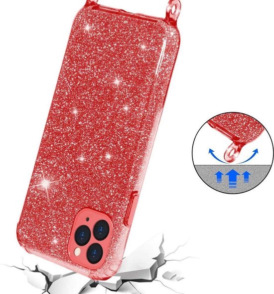 Apple iPhone 12 Pro Max Hoesje - Rood - Glitter Back Cover met Telefoonkoord