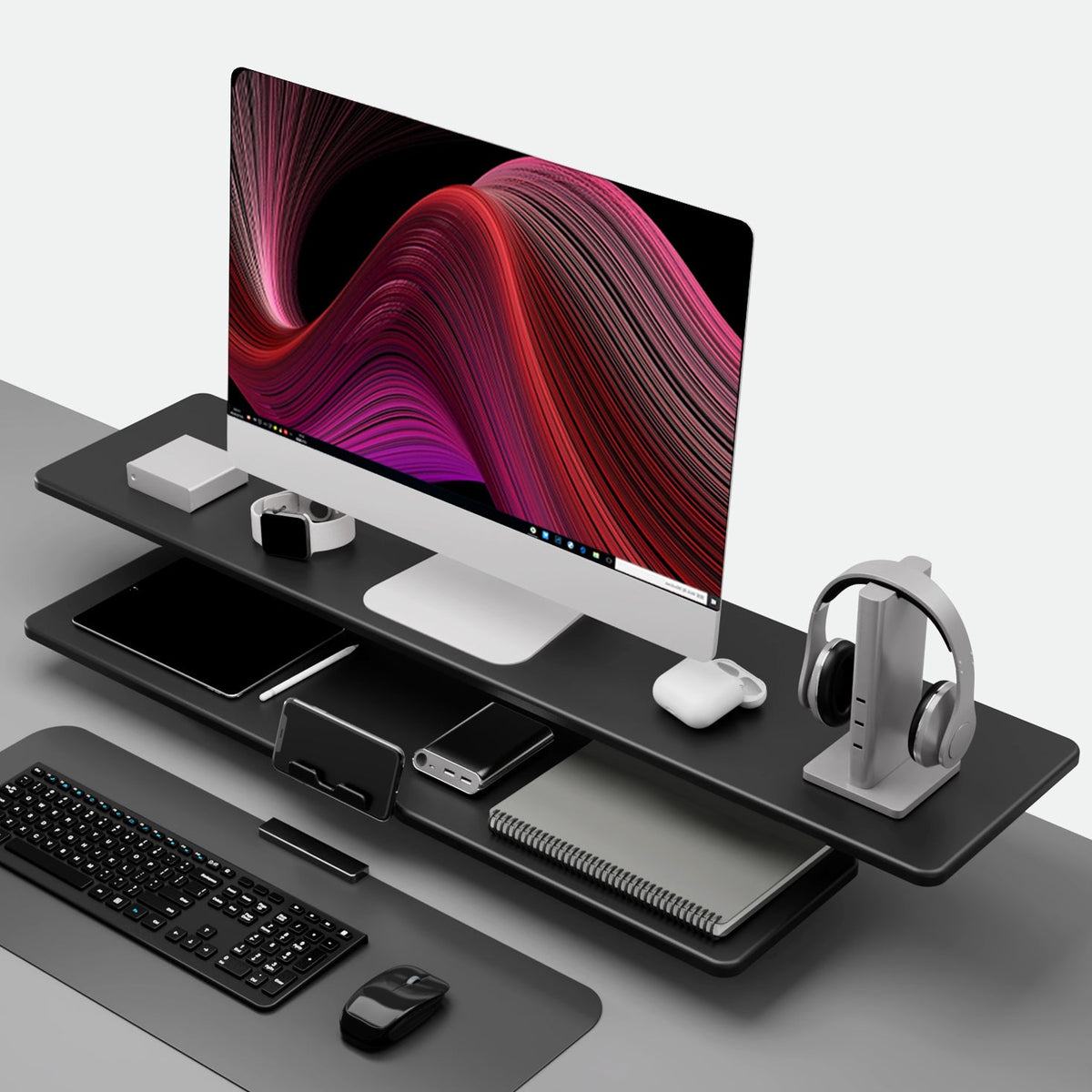 Casemania Monitorstandaard met Telefoonhouder - Zwart - Beeldscherm Verhoger voor 2 Monitoren - Tweelaags Monitor Standaard met Opbergplank - Extra Brede Bureauverhoger - Beeldschermstandaard - Bureau Organizer voor Thuiswerkplek en Kantoor