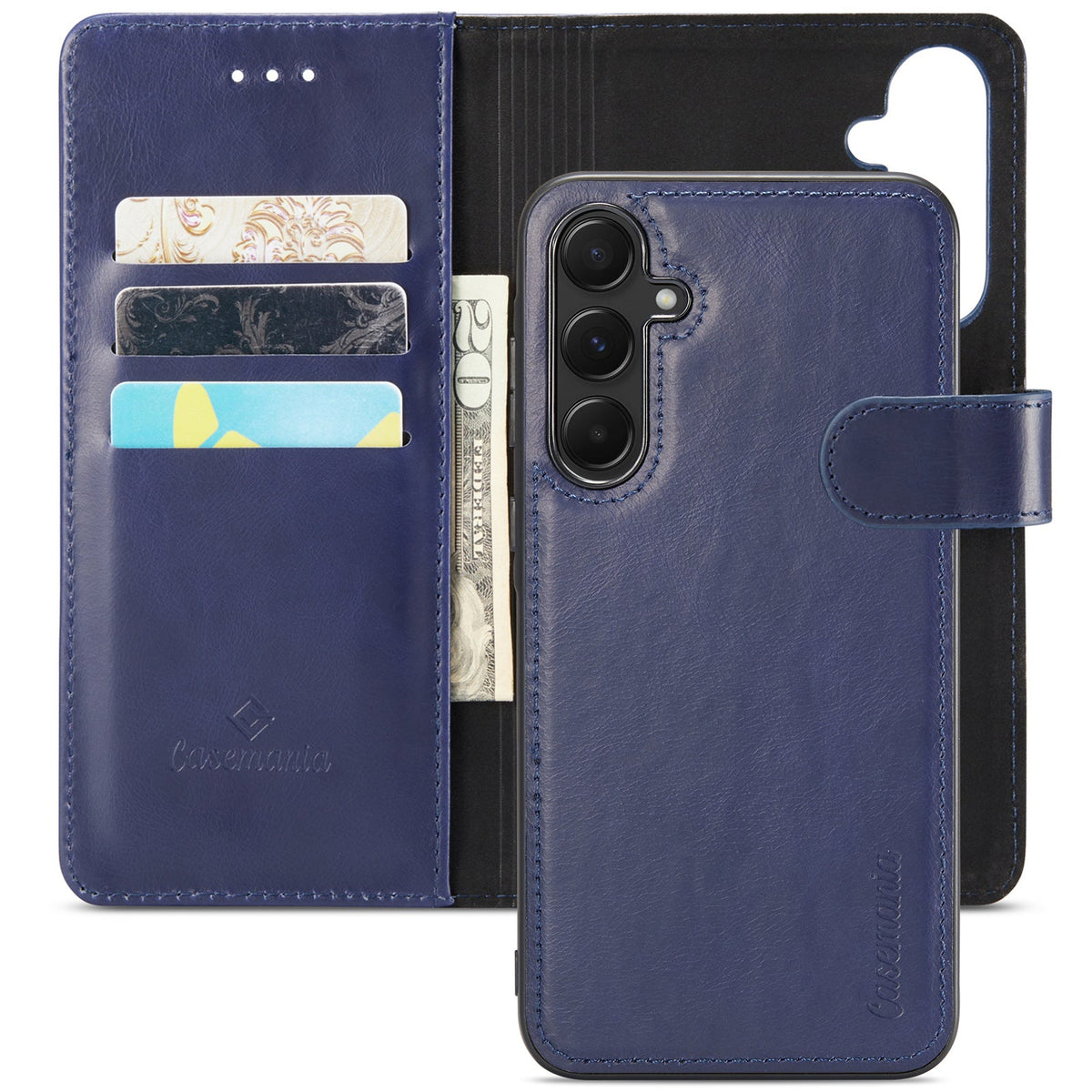 Samsung Galaxy A55 Hoesje - Navy Blue - Echt Leren 2 in 1 Bookcase
