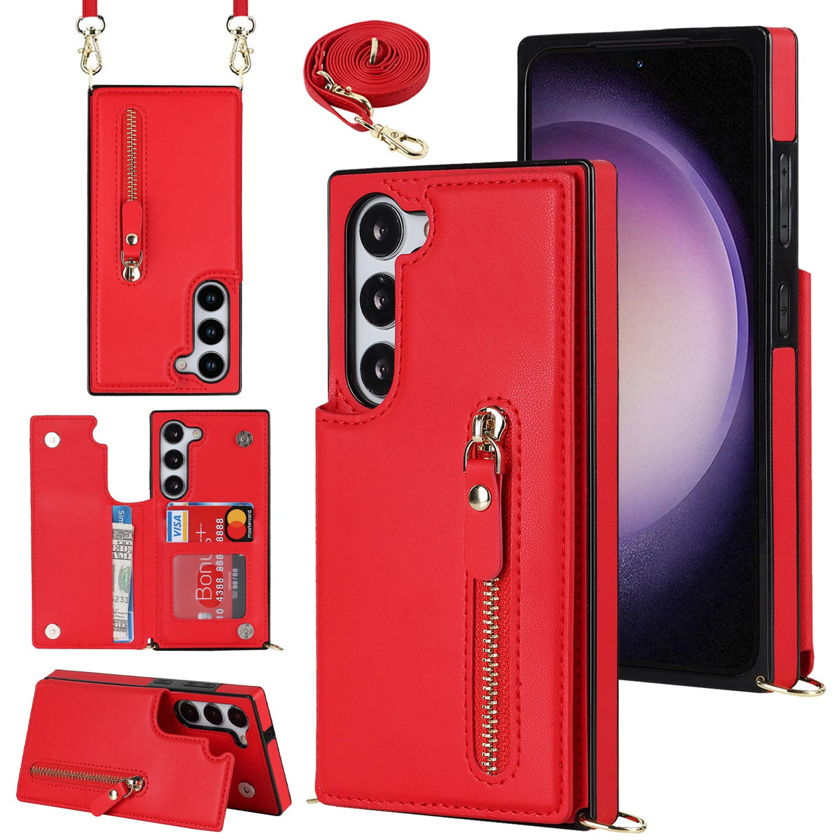Coque Samsung Galaxy S23 Plus - Rouge - Étui arrière de luxe avec cordon et fermeture éclair