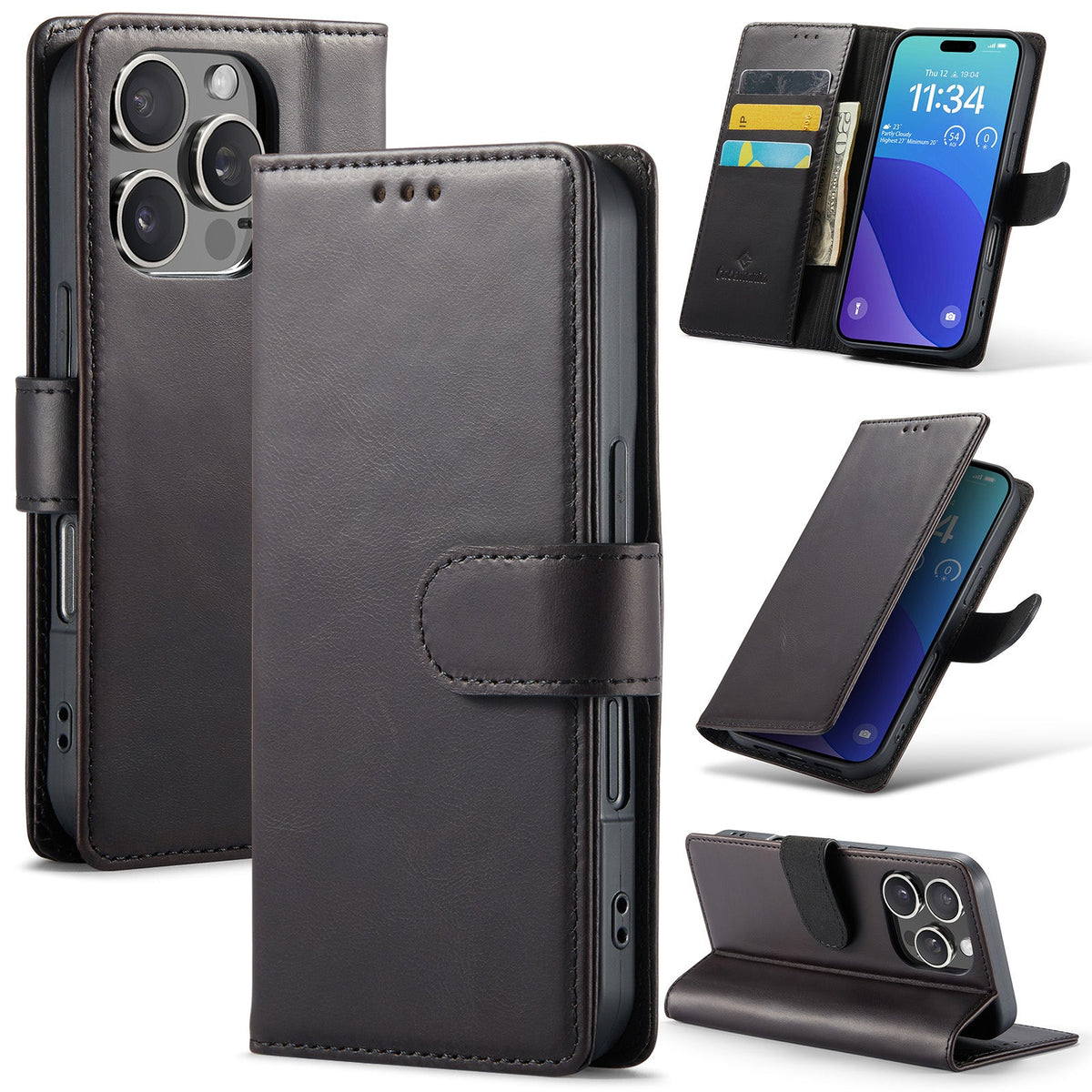 Apple iPhone 16 Pro Max Hoesje - Zwart - Echt Leren Bookcase