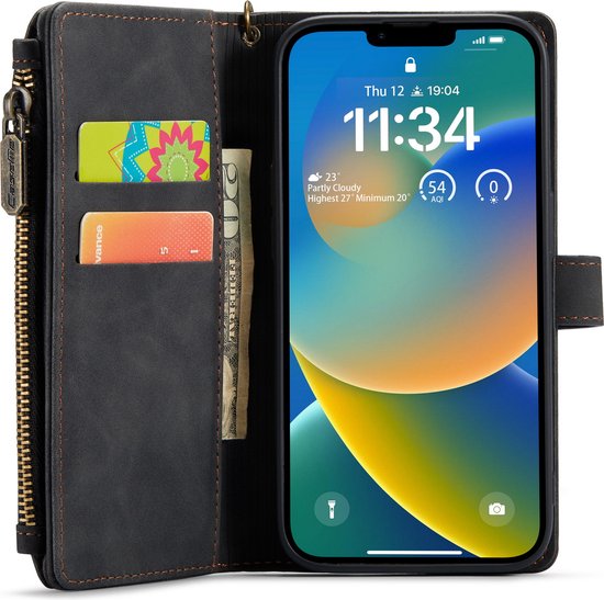 Apple iPhone 14 Hoesje - Charcoal Gray - Luxe Bookcase met Rits en Telefoonkoord