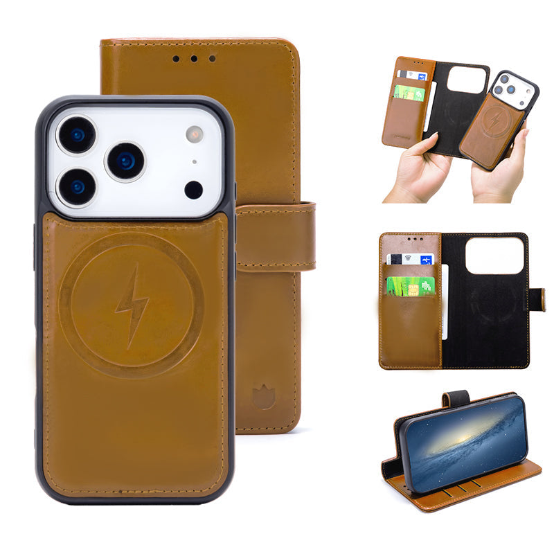 Apple iPhone 17 Pro Max Hülle - Sienna Brown - Echtleder MagSafe Klapphülle mit Kartenfach