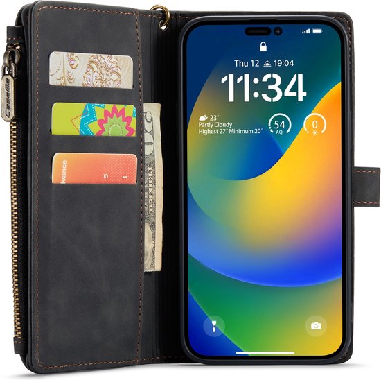 Apple iPhone 14 Pro Hülle - Charcoal Gray - Luxus Klapphülle mit Kartenfach, Reißverschluss und Handykette