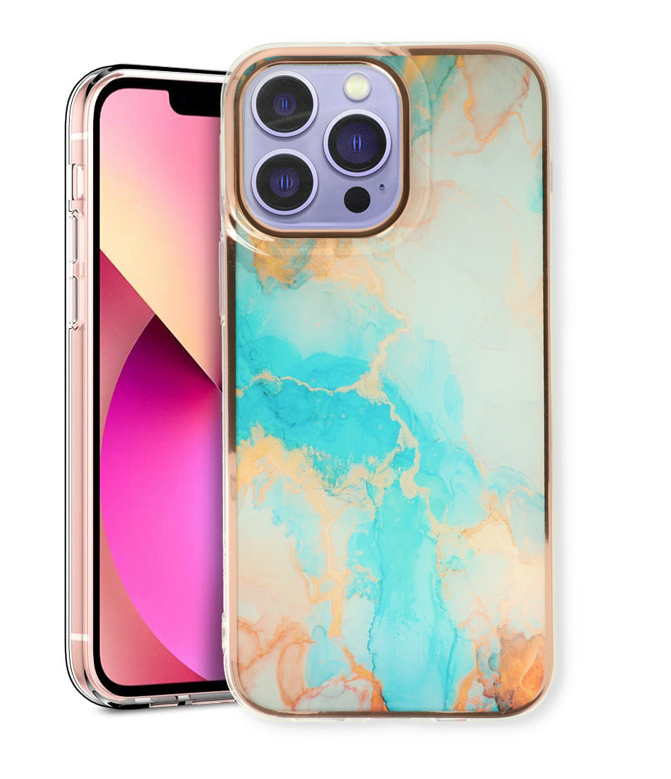 Apple iPhone 15 Pro Hoesje - Aqua - Siliconen Marmer Back Cover