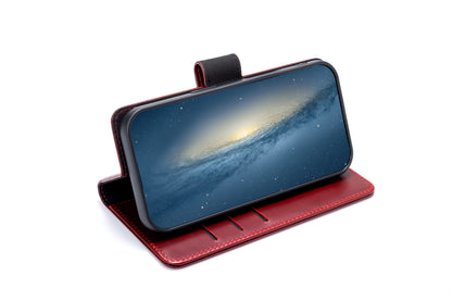 Apple iPhone 17 Hülle - Maroon Red - Echtleder MagSafe Klapphülle mit Kartenfach