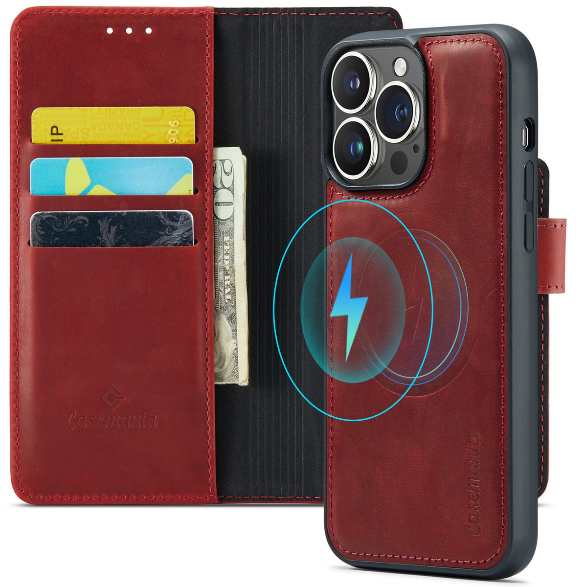 Apple iPhone 15 Pro Hoesje - Crimson Red - Echt Leren 2 in 1 MagSafe Bookcase