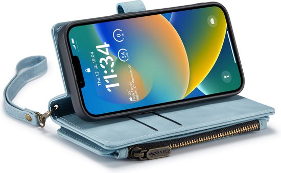 Apple iPhone 14 Plus Hoesje - Aqua Blue - Luxe Bookcase met Rits en Telefoonkoord