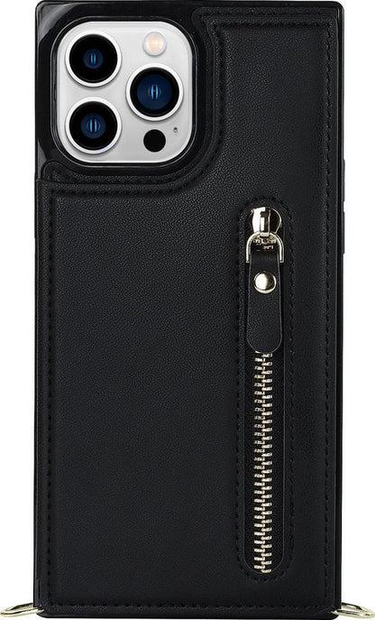 Apple iPhone 14 Pro Case - Black - Luxury Back Cover with Phone Strap and Zipper