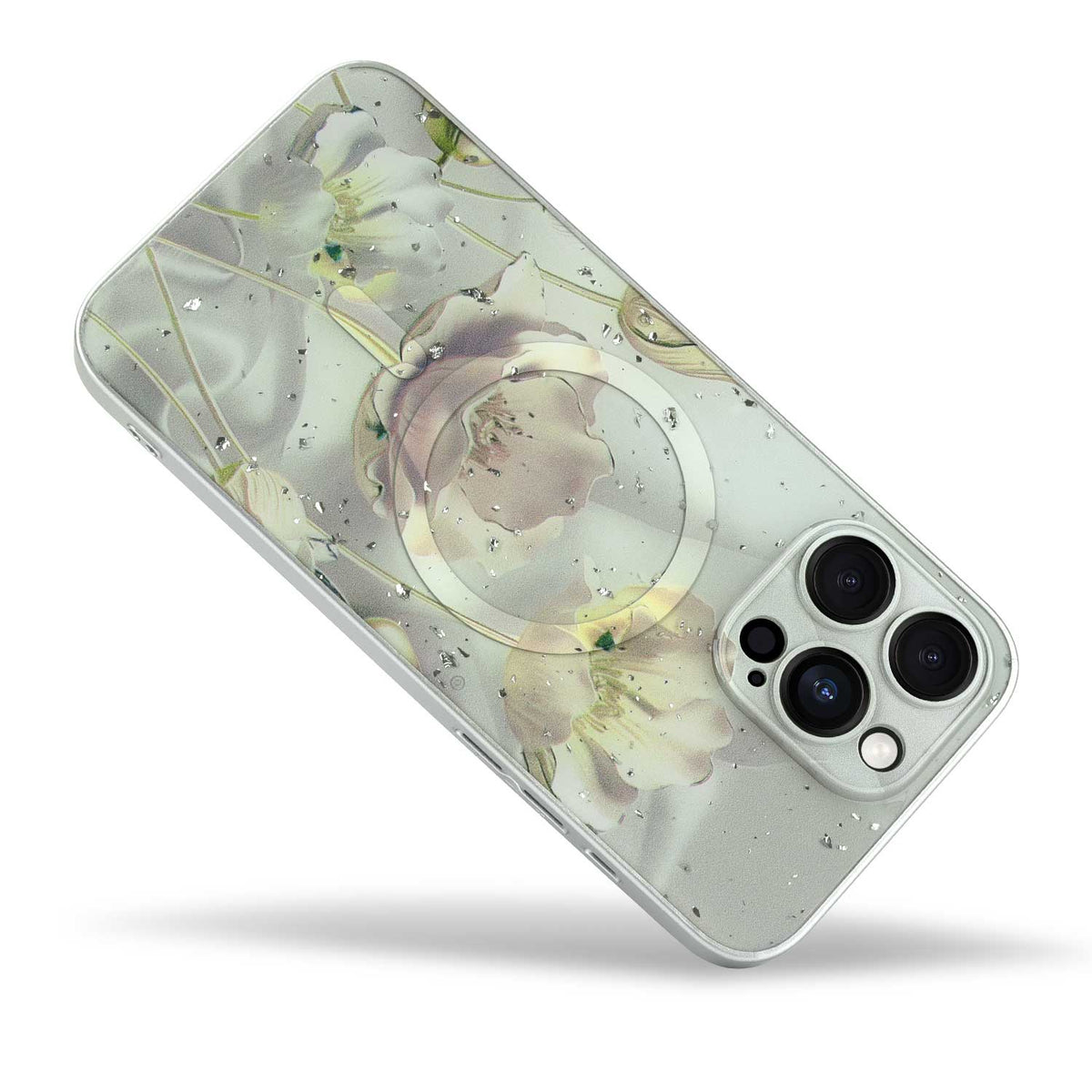 Apple iPhone 15 Pro Hoesje - Grijs - Bloemen Glitter MagSafe Back Cover