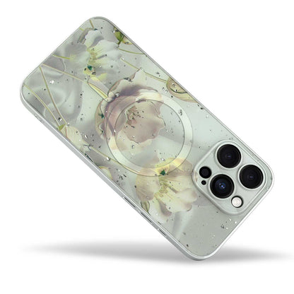Apple iPhone 14 Pro Hoesje - Grijs - Bloemen Glitter MagSafe Back Cover