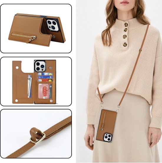 Apple iPhone 15 Pro Hoesje - Bruin - Luxe Back Cover met Telefoonkoord en Rits