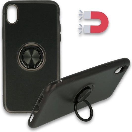 Apple iPhone Xs Max Hoesje - Zwart - Siliconen Ring Kickstand Back Cover