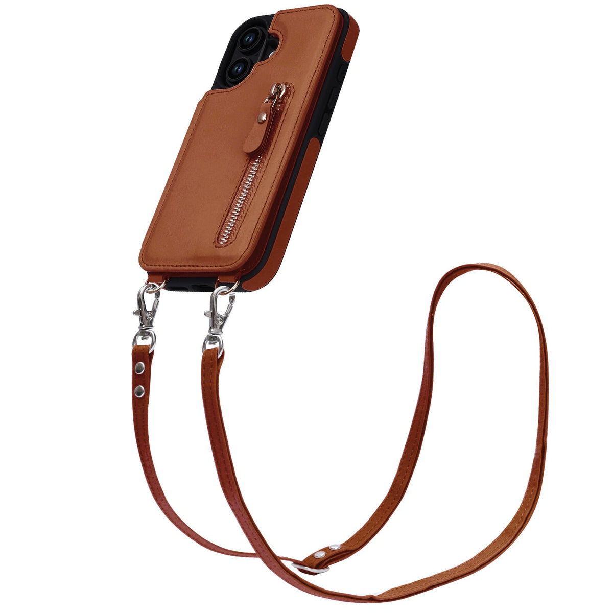 iPhone 16 Case - Brown - Luxury Back Cover with Phone Strap and Zip