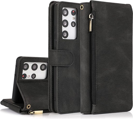 Samsung Galaxy S22 Ultra Hülle - Schwarz - Besonders robuste Luxus-Bookcase mit Reißverschluss und Fächern