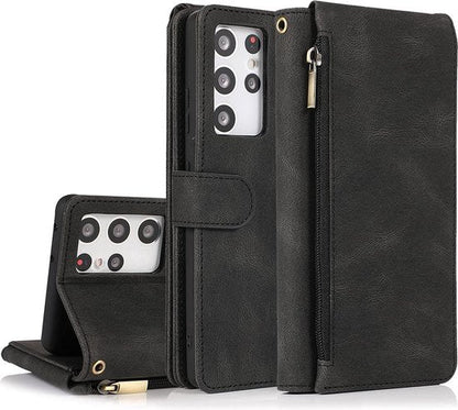 Samsung Galaxy S22 Ultra Hülle - Schwarz - Besonders robuste Luxus-Bookcase mit Reißverschluss und Fächern