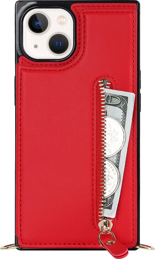 Apple iPhone 14 Plus Case - Red - Luxury Back Cover with Phone Strap and Zipper