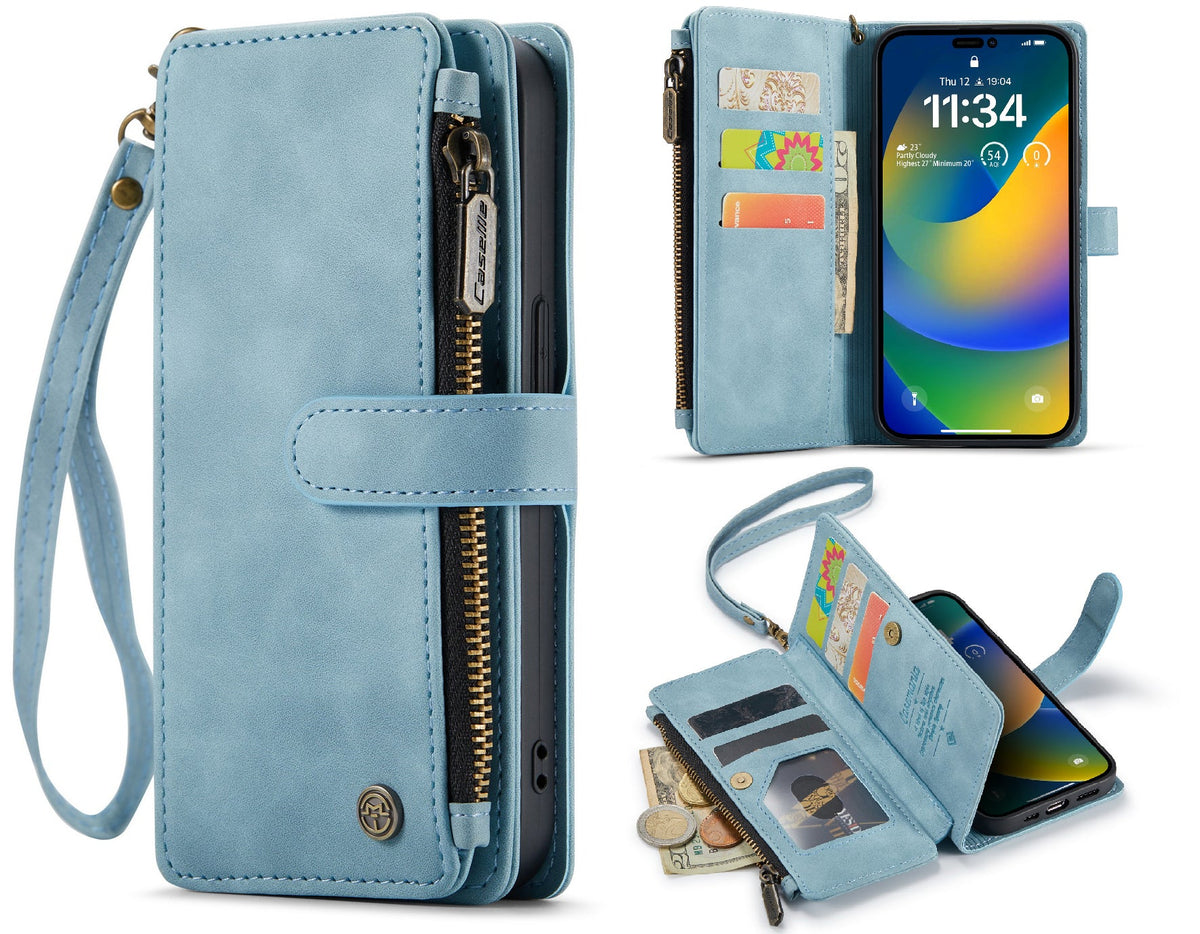 Apple iPhone 14 Pro Hoesje - Aqua Blue - Luxe Bookcase met Rits en Telefoonkoord