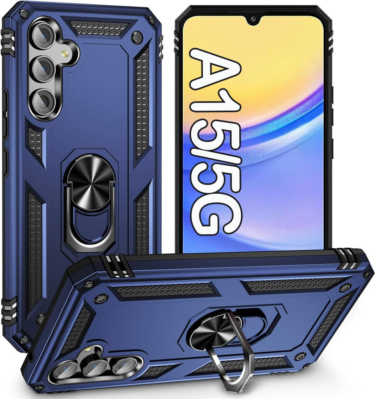 Samsung Galaxy A15 Hoesje - Blauw - Hybride Armor Kickstand Back Cover met Magneetring