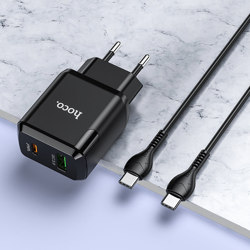Hoco 20W Snellader 2-poorts USB-C + USB-A met USB-C Kabel 1m - Zwart