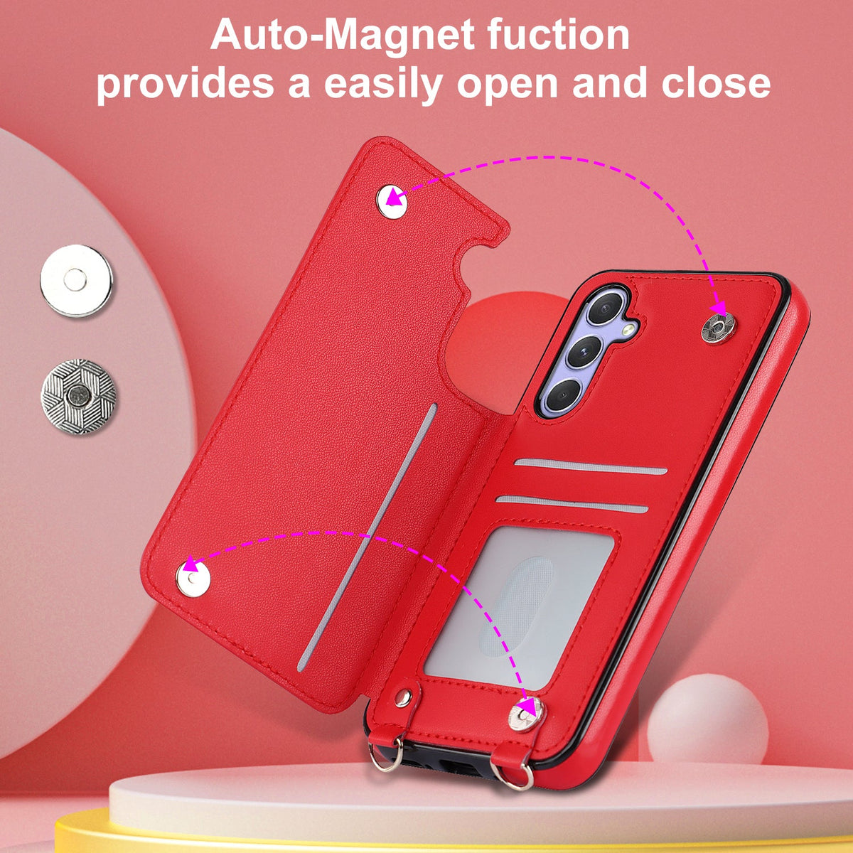 Samsung Galaxy A54 Case - Red - Luxury Back Cover with Phone Strap and Zipper