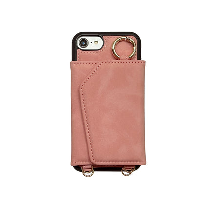 Apple iPhone 7 Hoesje - Pale Pink - MagSafe Back Cover met Uitschuifbare Pasjeshouder en Telefoonkoord