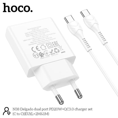 Hoco 20W Schnellladegerät 2-Port USB-C + USB-A mit USB-C-Kabel 1m - Weiß