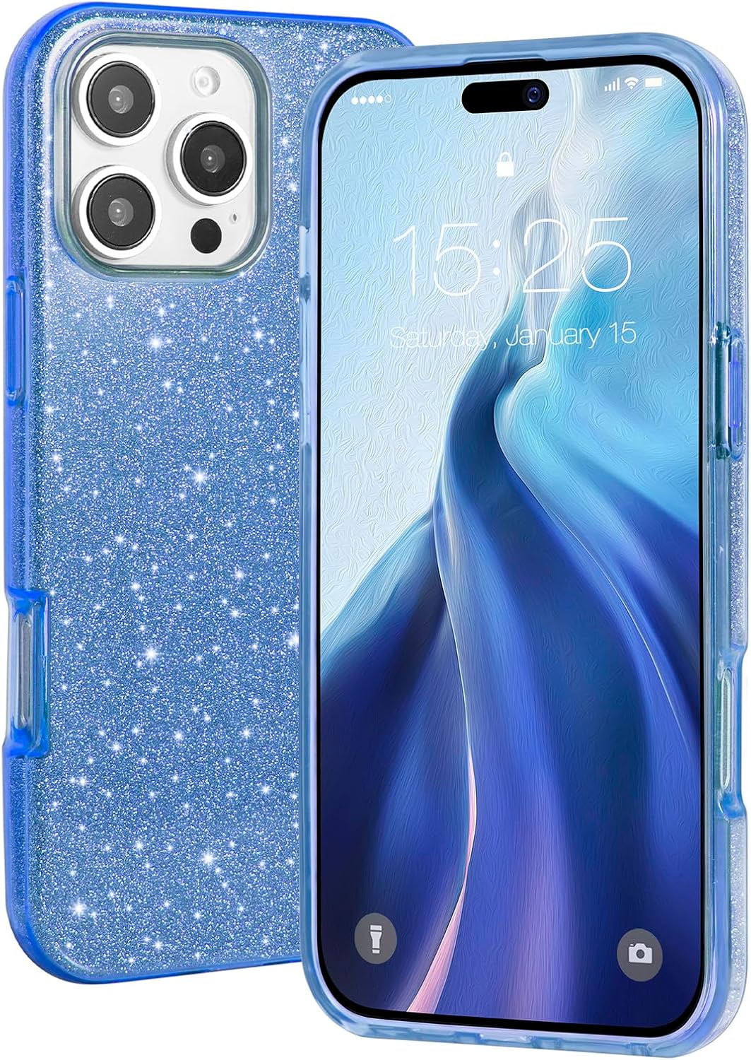 Apple iPhone 16 Pro Hoesje - Blauw - Glitter Back Cover