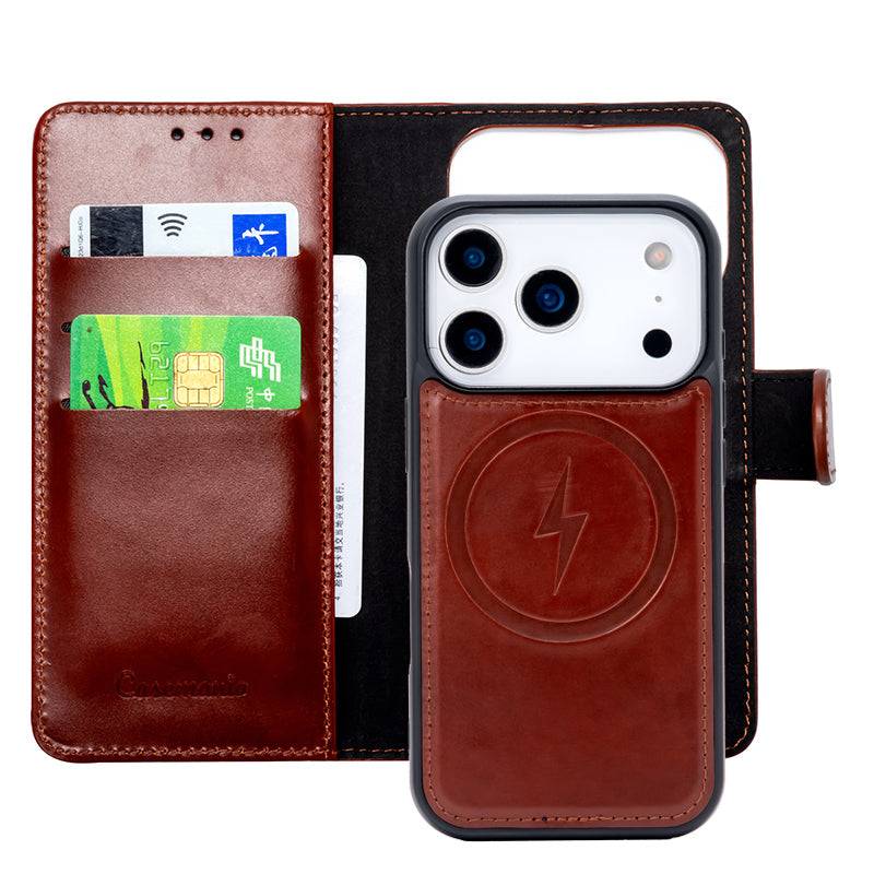 Apple iPhone 17 Pro Max Hülle - Chestnut Brown - Echtleder MagSafe Klapphülle mit Kartenfach