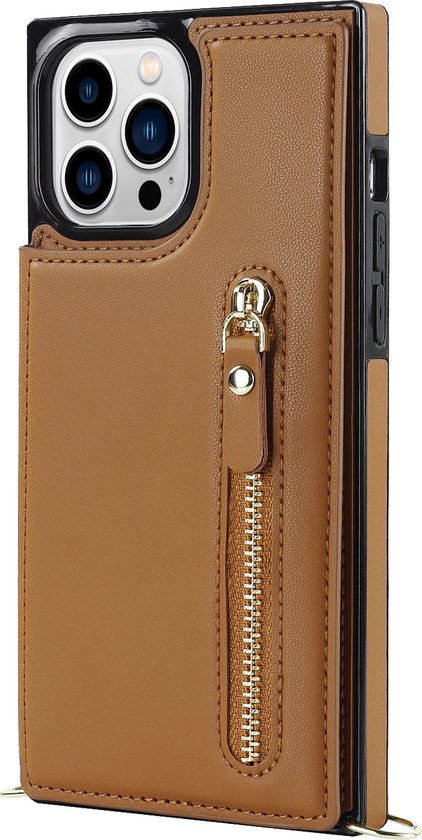 Apple iPhone 15 Pro Max Hoesje - Bruin - Luxe Back Cover met Telefoonkoord en Rits
