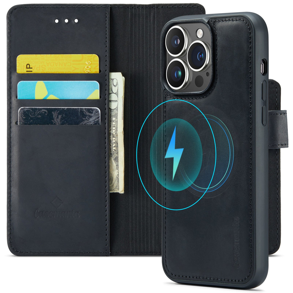 Apple iPhone 15 Pro Case - Charcoal Gray - Genuine Leather 2-in-1 MagSafe Wallet Case