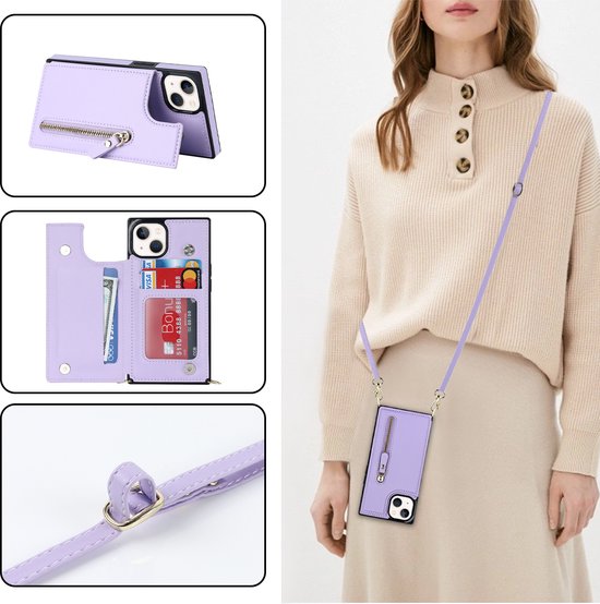 Apple iPhone 15 Hoesje - Paars - Luxe Back Cover met Telefoonkoord en Rits