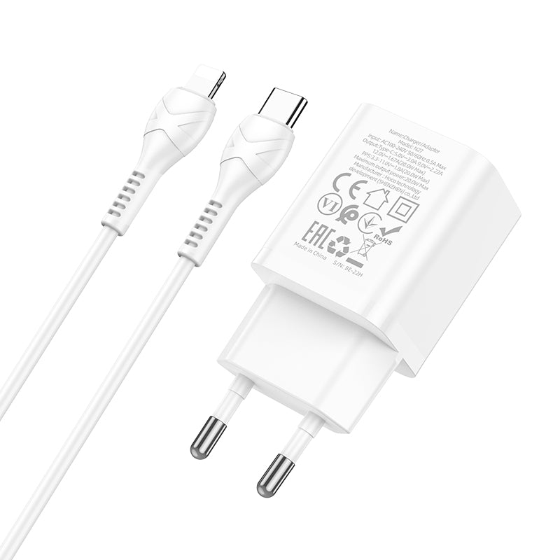 Chargeur rapide USB-C Hoco 20W avec câble USB-C 3 m - Blanc