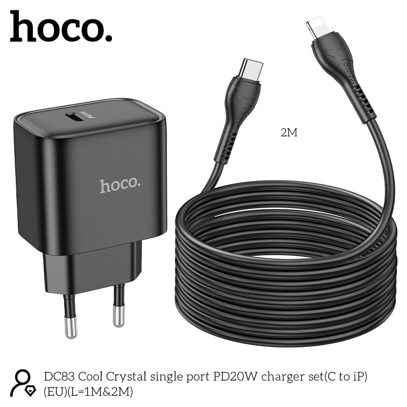 Chargeur rapide Hoco 20W USB-C avec câble Lightning 2 m - Noir