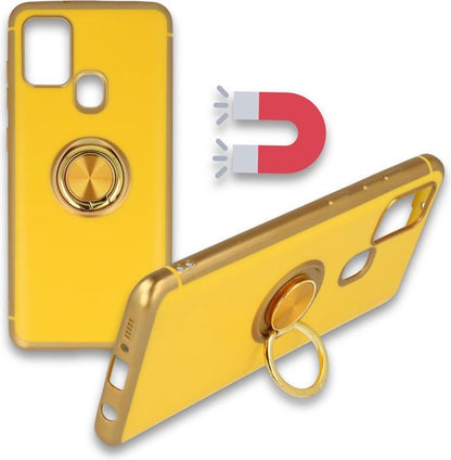 Samsung Galaxy A21s Hoesje - Geel - Siliconen Ring Kickstand Back Cover