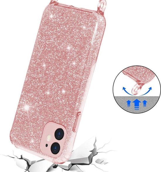 Samsung Galaxy S21 Ultra Hoesje - Roze - Glitter Back Cover met Telefoonkoord