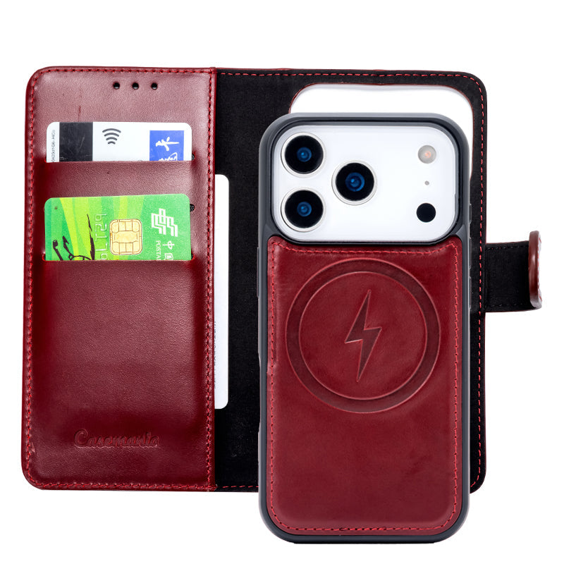 Apple iPhone 18 Pro Hoesje - Maroon Red - Echt Leren 2 in 1 MagSafe Bookcase