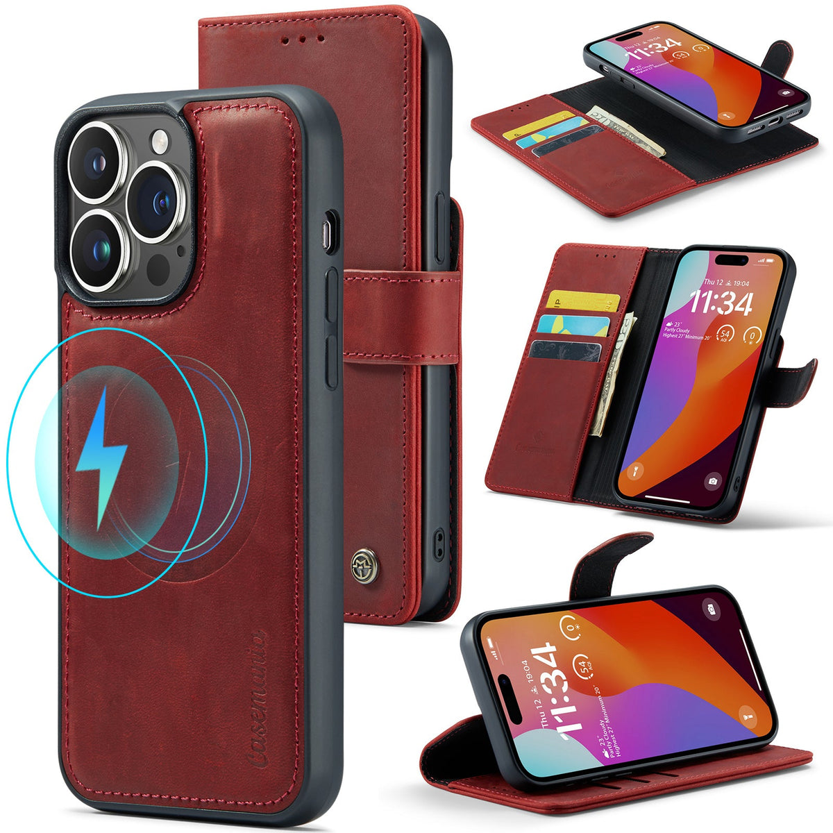 Apple iPhone 15 Pro Hoesje - Crimson Red - Echt Leren 2 in 1 MagSafe Bookcase