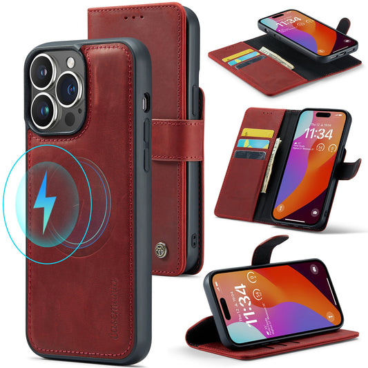 Apple iPhone 15 Pro Case - Crimson Red - Genuine Leather 2-in-1 MagSafe Wallet Case