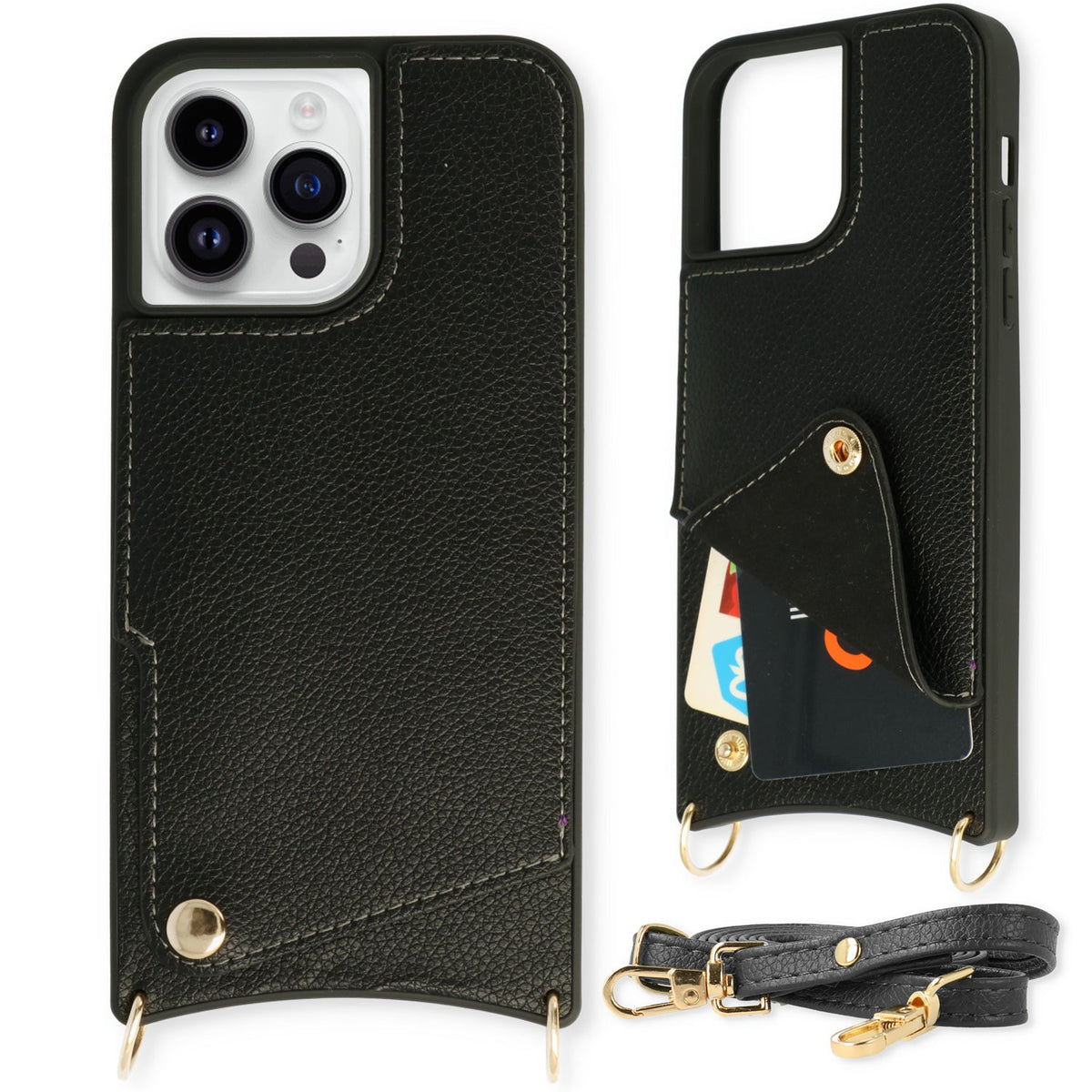 Apple iPhone 13 Pro Hoesje - Zwart - Back Cover met Pols Bandje en Telefoonkoord