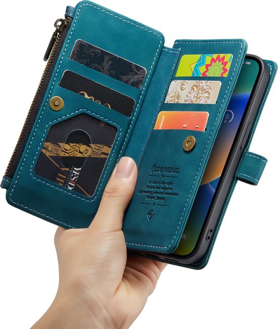 Apple iPhone 14 Plus Hülle - Emerald Green - Luxus Klapphülle mit Kartenfach, Reißverschluss und Handykette